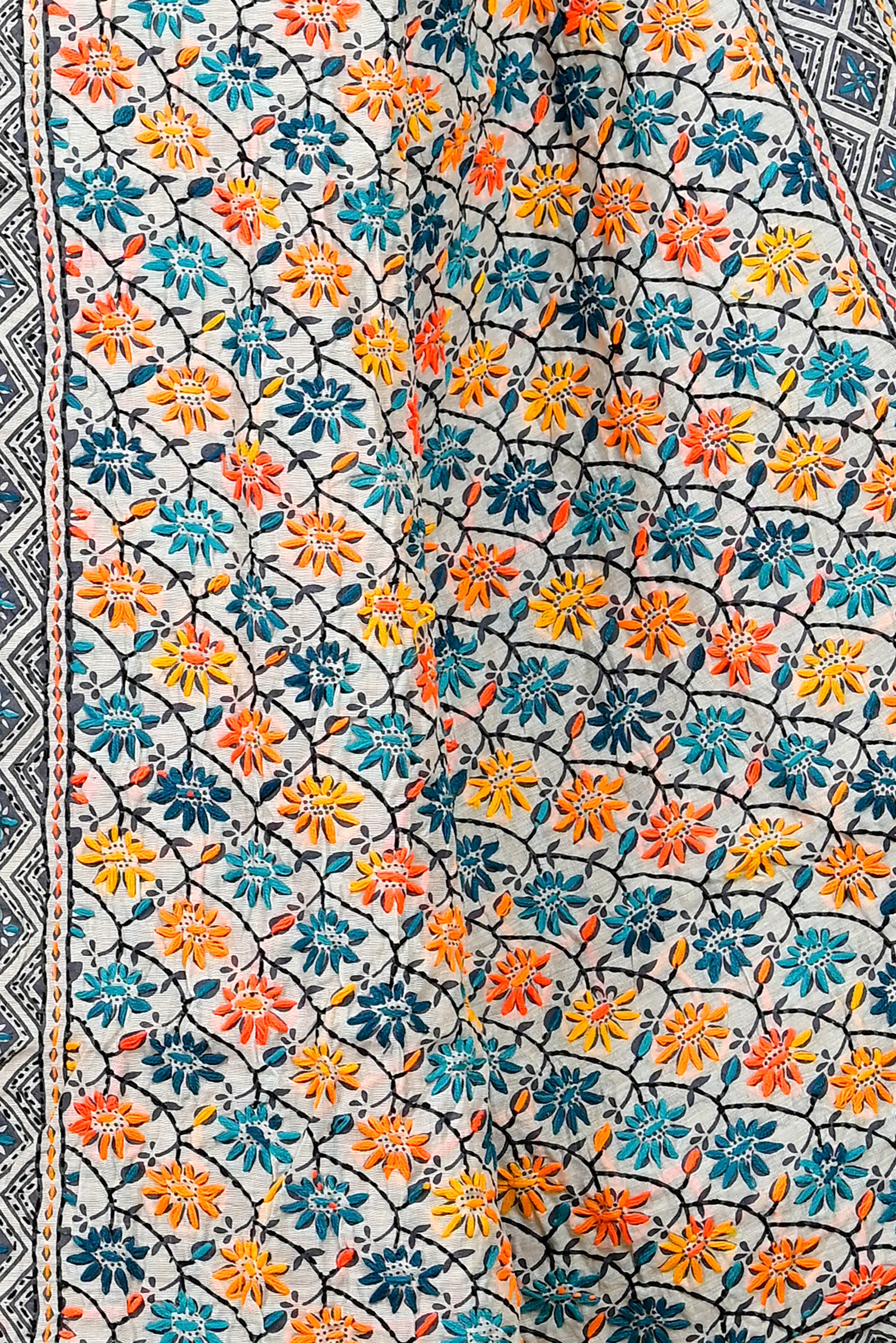 White Cotton Varitikath Kantha Stitch Saree (601)